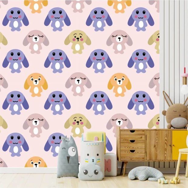 Children\'s wallpaper Colorful Rabbits 0293 - Graphic design with cheerful rabbits on a pink background.