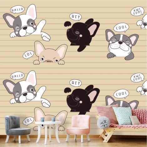 Kids\' Wallpaper Puppies 0287 - Graphic design featuring dogs in various poses on a beige striped background.