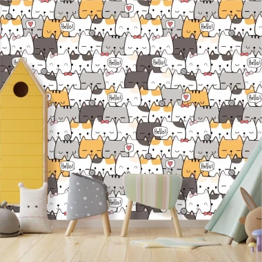 Kids\' wallpaper Cats 0291 - Decorated children\'s room with light-colored walls and wooden floor.