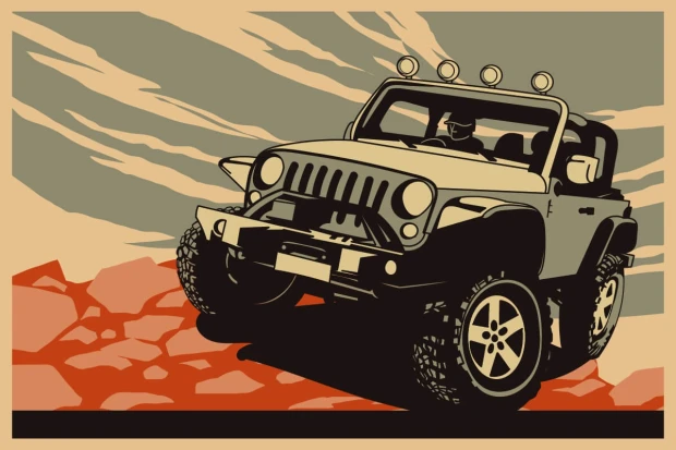 Youth wallpaper Off-road Car 0318 - Graphic design. Black-beige SUV against a backdrop of rocks and clouds.