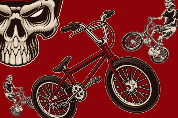 Youth wallpaper BMX Bike, jumps, skull 0317 - Graphic design. Red background with skull, BMX bike, and rider illustration.
