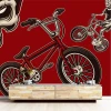 BMX bike wallpaper for teens, featuring jumps and skulls. Ideal for a youth room with red walls and modern furniture.