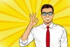 Pop-art office wallpaper Businessman 0311 - Graphic design. Man in glasses making an OK gesture against a ray background.