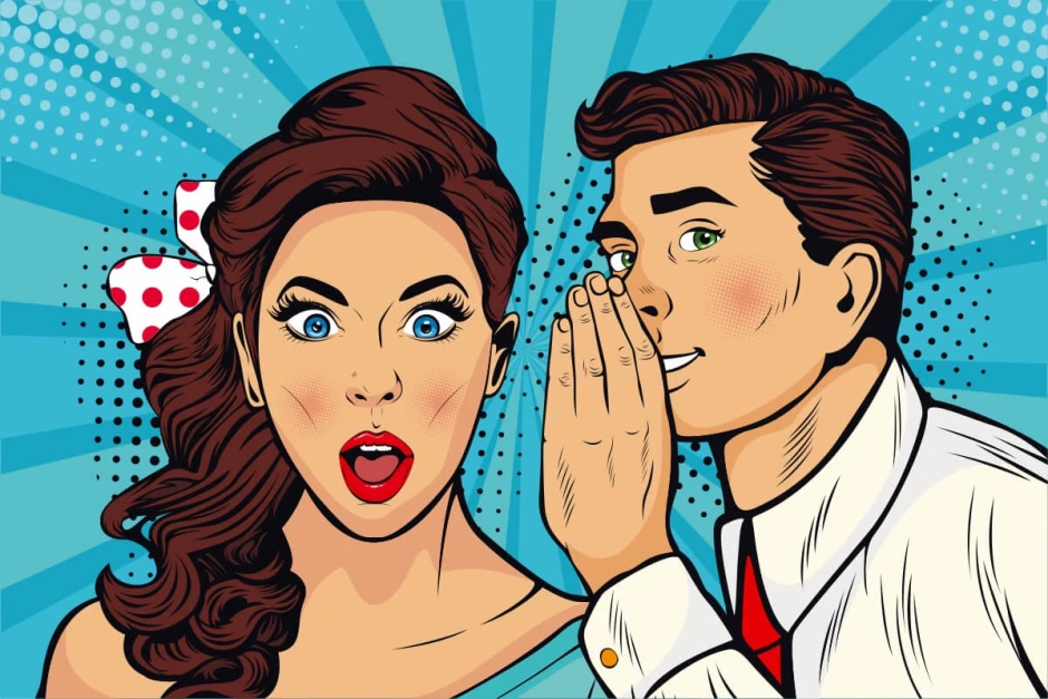 Office wallpaper Secret 0301 - Graphic design featuring two pop-art characters, one surprised and the other whispering.
