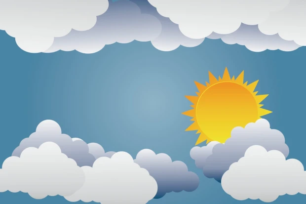 Children\'s room wallpaper Sun Clouds 0279 - Graphic design with a yellow sun surrounded by white clouds on a blue background.