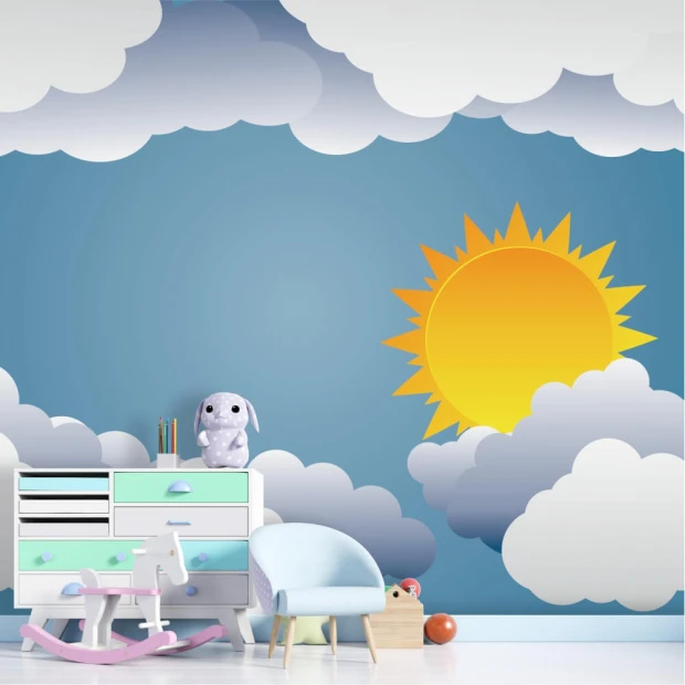 Children\'s room wallpaper Sun Clouds 0279 - Decorated in a blue room with light accents.