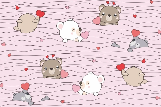 Children\'s room wallpaper with bears and hearts 0290 - Graphic design featuring bear drawings in hearts on a pink wave background.