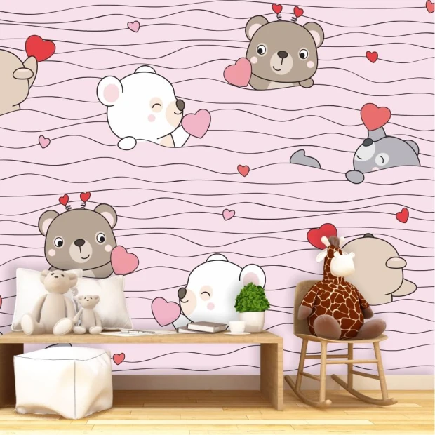Kids\' wallpaper with bears and hearts 0290 - Graphic design. Pink background featuring drawings of bears and hearts.