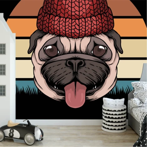 Dog wallpaper for kids\' room, pug design 0288 - Bright walls and modern furniture in a playful children\'s decor.