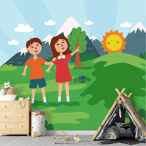 Children playing in a meadow wallpaper 0278 - Graphic design featuring two kids against mountains, sun, trees, and green grass.