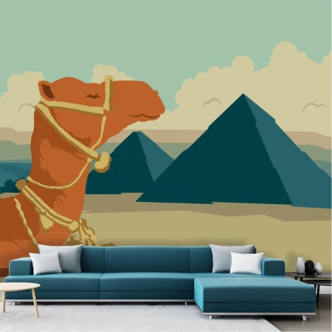 Egypt wallpaper featuring camels and pyramids 0283 - Styled in a living room with light-colored walls and modern furniture.