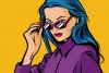 Wallpaper Woman in Glasses 0304 - Graphic design featuring a blue-haired woman in a purple blouse with pink glasses.
