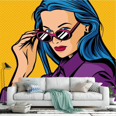 Wallpaper Woman in Glasses 0304 - Living room decor with vibrant yellow walls and light-colored furniture.