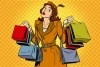 Wallpaper Woman with Shopping 0308 - Graphic design featuring a woman holding shopping bags against a yellow background.
