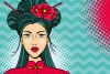 Wallpaper Young woman in Japanese attire 0296 - Graphic pattern. Woman with long hair, flowers in hair, in red.