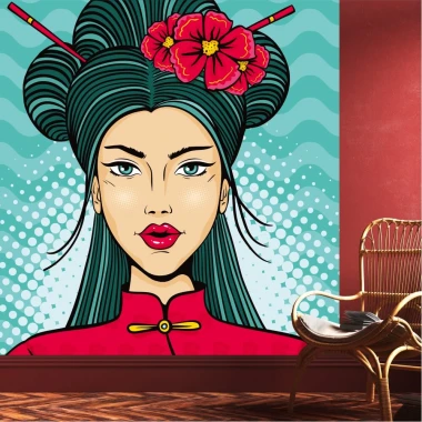 Wallpaper Young woman in Japanese attire 0296 - Graphic design. Woman with long hair, red blouse, and flowers.