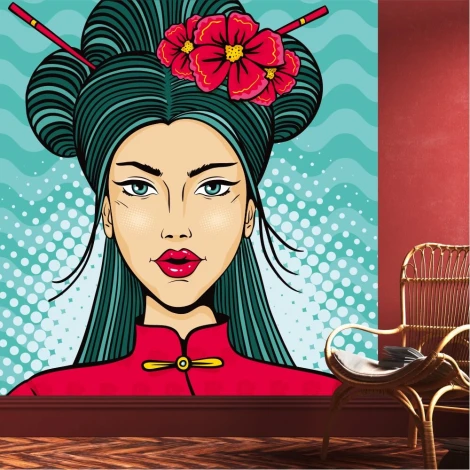 Wallpaper Young woman in Japanese attire 0296 - Graphic design. Woman with long hair, red blouse, and flowers.