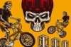 Youth BMX wallpaper, skull design 0316 - Central skull with BMX skeletons. Vibrant background.