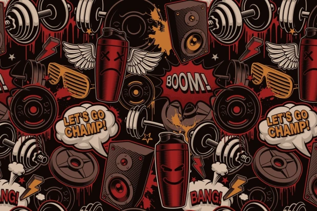 Youth wallpaper Gym, become a champion 0289 - Graphic design featuring dumbbells, speakers, text, and explosions.