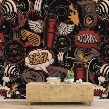 Youth wallpaper Gym, become a champion 0289 - Graphic design featuring dumbbells, speakers, and an energy drink.