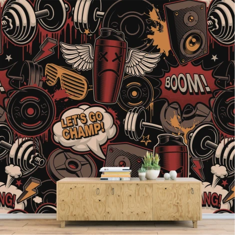 Youth wallpaper Gym, become a champion 0289 - Graphic design featuring dumbbells, speakers, and an energy drink.