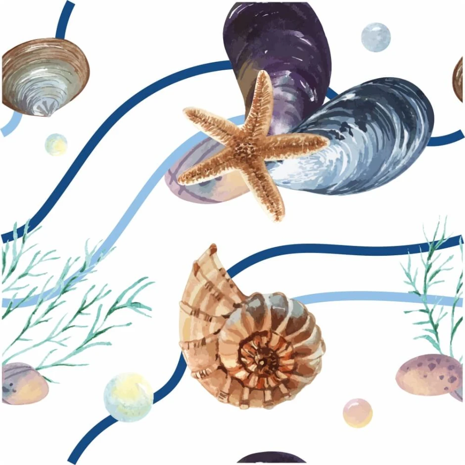 Seashells, starfish, and bubbles on a white background - underwater world wallpaper design 0325.