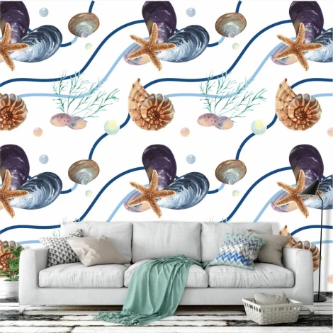 Seashells, starfish, underwater world wallpaper 0325 - Styled in a bright living room with light-colored walls and furniture.