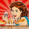 Girl with Cookie Wallpaper 0310 - Graphic design featuring a woman with red hair holding a cookie against a backdrop.