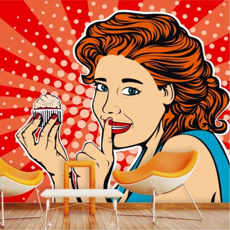 Girl with Cookie Wallpaper 0310 - Graphic design featuring a woman with red hair holding a cookie against a backdrop.