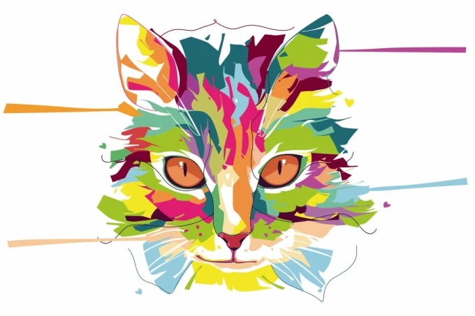 Cat Head Wallpaper 0299 - Graphic design featuring a colorful cat head with large eyes.