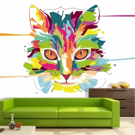 Cat head wallpaper 0299 - Living room setup. Green sofa against colorful cat graphic.