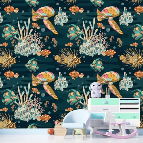 Colorful fish, turtles, and coral reef wallpaper - graphic design on a dark background.