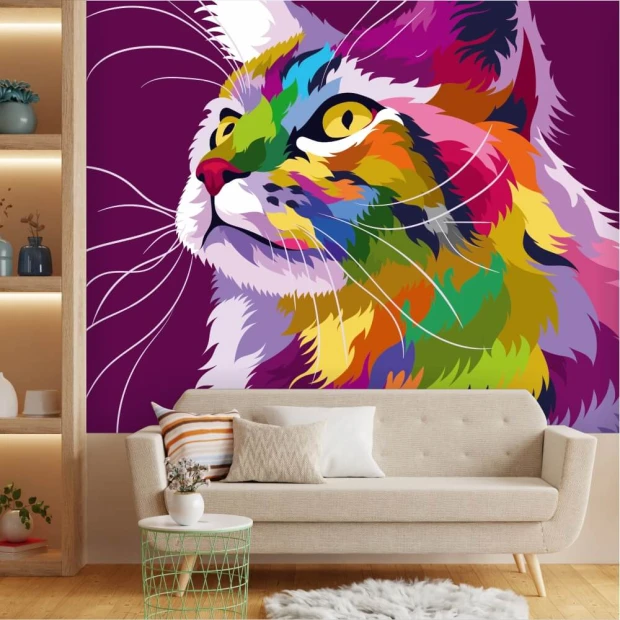 Cat wallpaper 0298 - Living room decor with purple walls, light furniture, and colorful accents.