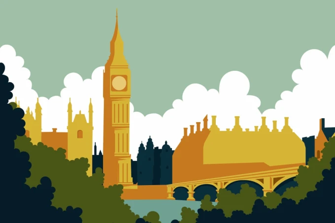 London wallpaper, Big Ben 0285 - Graphic design featuring Big Ben in yellow tones, surrounded by elements.
