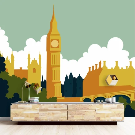 London wallpaper, Big Ben 0285 - Modern living room decor with green and beige walls.