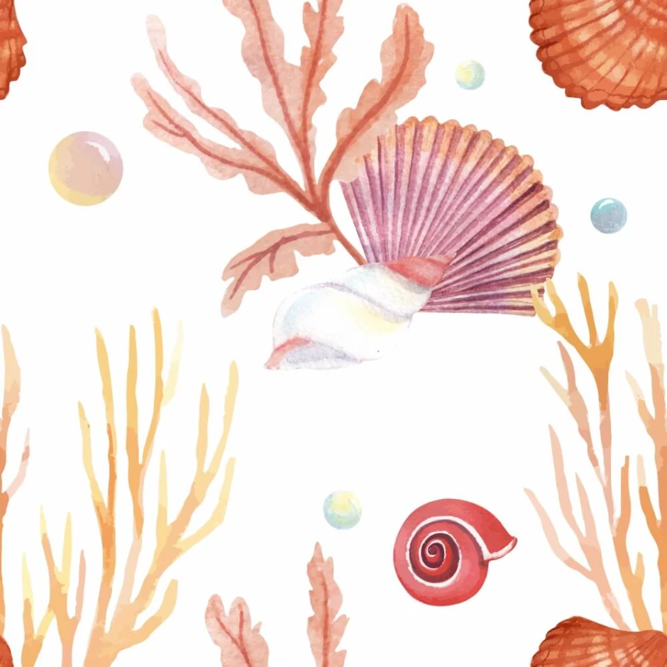 Coral Reef Shells Wallpaper 0327 - Graphic design featuring shells, corals, and bubbles.