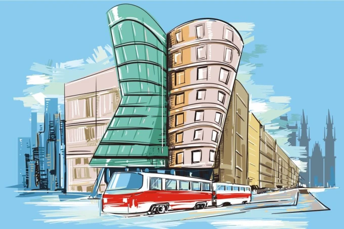 Prague 0282 wallpaper - Graphic design featuring stylized buildings and a tram against a sky backdrop.