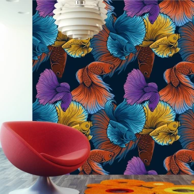 Fish Wallpaper 0295 - Modern living room decor with light-colored walls and wooden flooring.