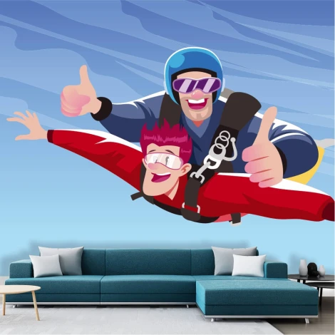 Parachuting wallpaper 0314 - Living room decor with blue walls and a turquoise sofa.