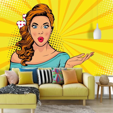 Wall mural Female Silhouette 0302 - Living room decor. Yellow wall featuring a woman in a blue blouse graphic.