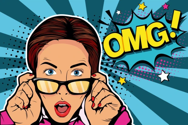 Wall wallpaper Female Face 0307 - Graphic design. Woman with glasses, surprised expression, colorful background.