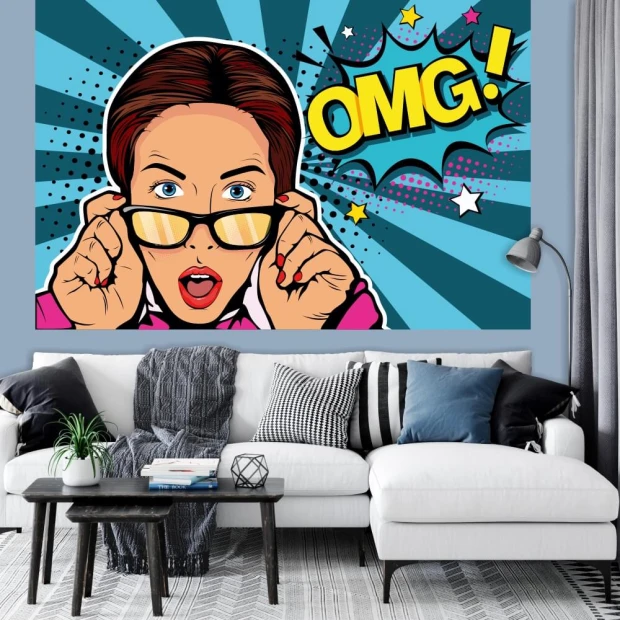 Wall wallpaper Female Face 0307 - Living room arrangement with blue walls, light sofa, and various cushions.