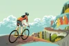Mountain biking wallpaper 0315 - Graphic design featuring a cyclist on a mountain road with trees and clouds in the background.