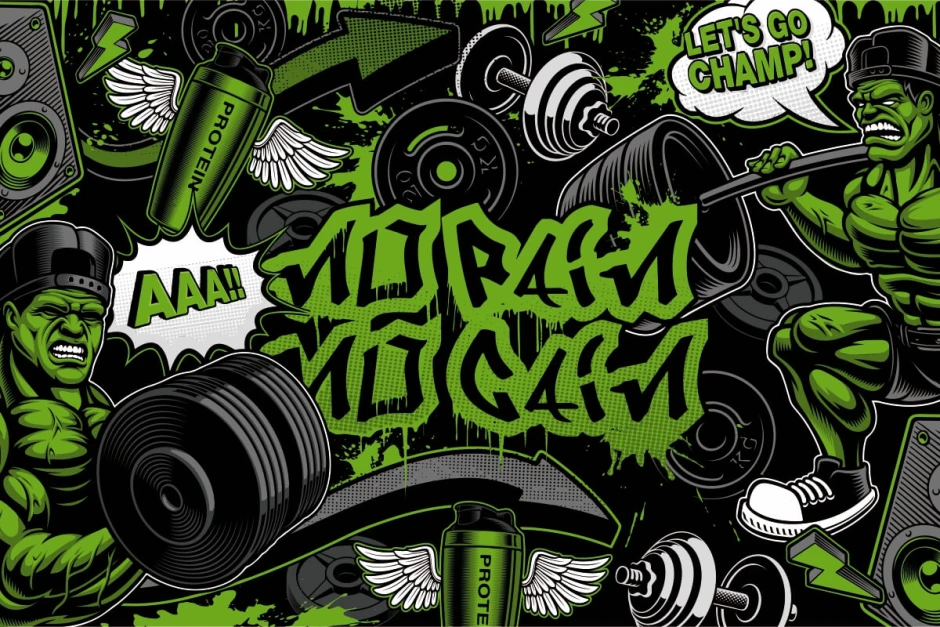 Wallpaper No pain, no gain featuring dumbbells, barbells, and gym-themed graphics.