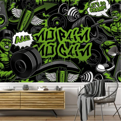 Wallpaper No pain, no gain, featuring dumbbells, barbells, and athletes in a gym design.