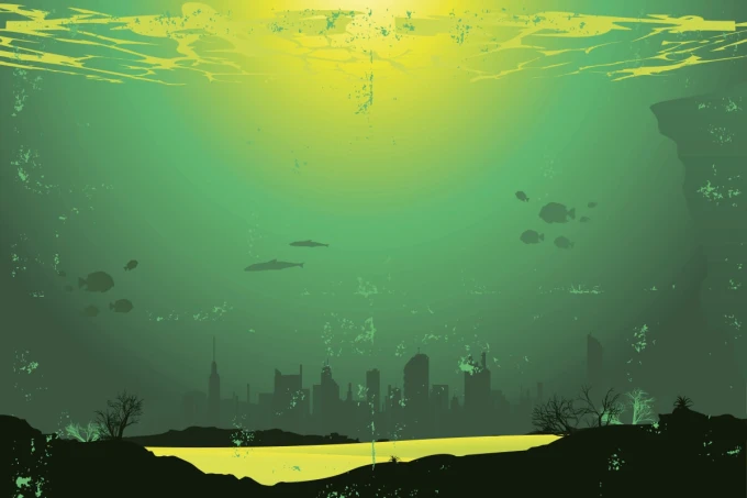 Underwater City Wallpaper 0313 - Graphic design featuring dark silhouettes of buildings on a green background.