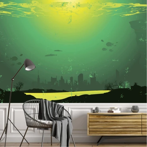 Underwater City Wallpaper 0313 - Living room setup. Green background with silhouettes of buildings and fish.