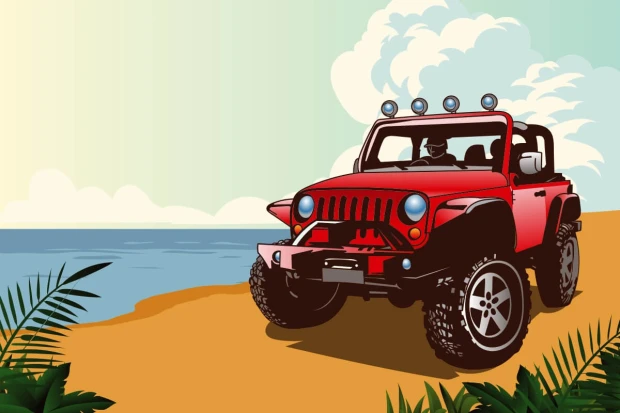 Off-road car wallpaper 0319 - Graphic design. Red off-road vehicle on the beach with sea and clouds in the background.