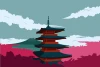 Wall wallpaper Japan, pagoda 0286 - Graphic pattern. Pagoda in shades of red and blue against mountains and clouds.
