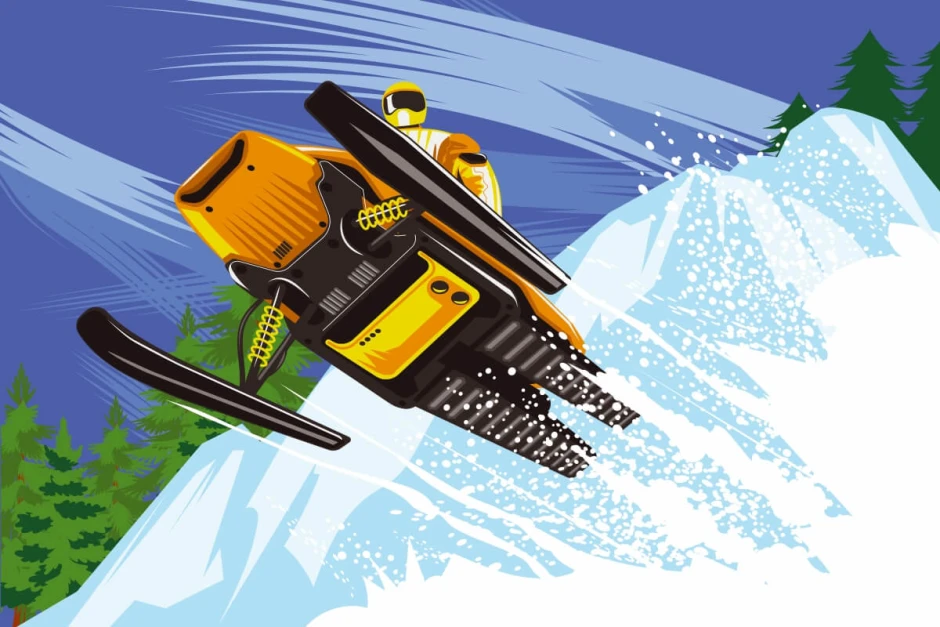 Snowmobile Wallpaper, Mountain Acrobatics 0312 - Graphic design featuring a snowmobile in action on a snowy slope.